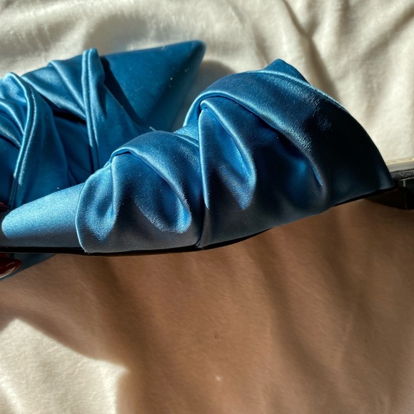 ZARA Trafaluc Teal Blue Satin Pointed Toe Mules – Ruched Slip-On Heels - Picture 10 of 10